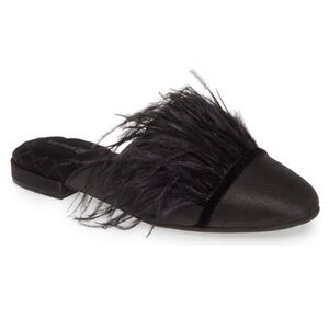 Birdies Women’s The Lovebird Feather Trim Mule Slides Party Black Size 5.5